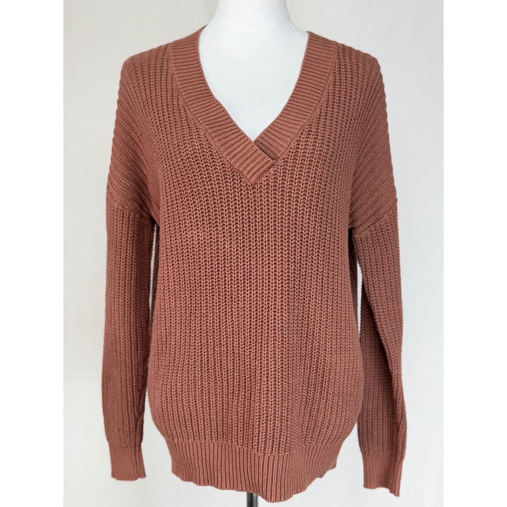 Aeropostale Women Cotton V-Neck Sweater XS Rust Brown Shaker Stitch Knit Top